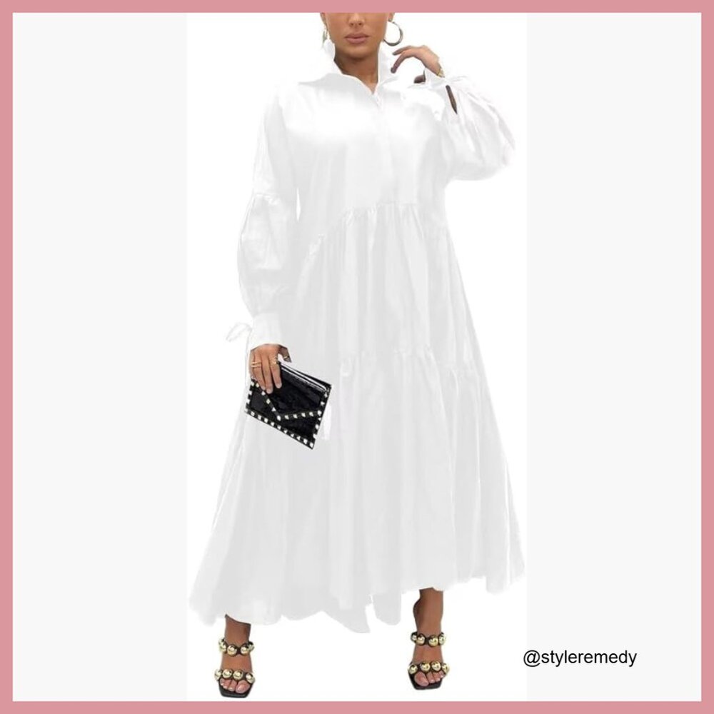 Long Sleeve Maxi Shirt Dress Button Down Loose Swing Party Dress